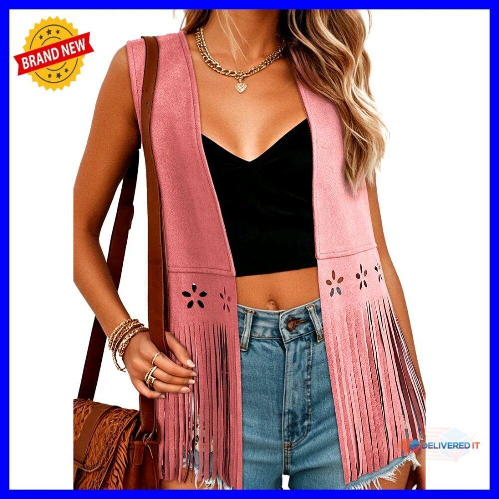 Faux Suede Fringe Vest Sleeveless Western Boho Retro Cowgirl Outerwear